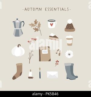 Herbst Essentials. Satz von niedlichen Hand gezeichnet fallen Essen, Trinken, Mode und Lifestyle Symbole mit Kaffee, Blätter, Schreibwaren und Kürbis. Thanksgiving Design. Isolierte Vektorobjekte, flache Bauform. Stock Vektor