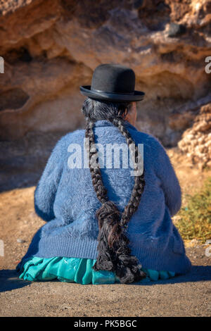 Alte bolivianische Frau im traditionellen Outfit mit Hut und langen Zöpfen Stockfoto