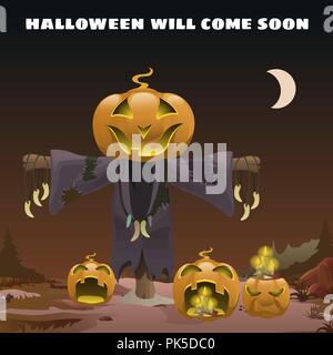 Plakat in der Art von Urlaub alle bösen Halloween. Vogelscheuche mit einem Kopf von Kürbis um Mitternacht durch das Licht des Mondes. Jack-o-Lantern mit brennenden Kerzen. Vektor cartoon Close-up Abbildung. Stock Vektor