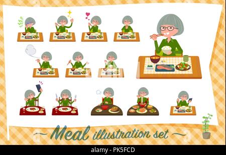 Eine Reihe von alten Frauen über Mahlzeiten. Japanische und chinesische Küche, westliche Gerichte und so weiter. Es ist Vektor Kunst so ist es leicht zu bearbeiten. Stock Vektor