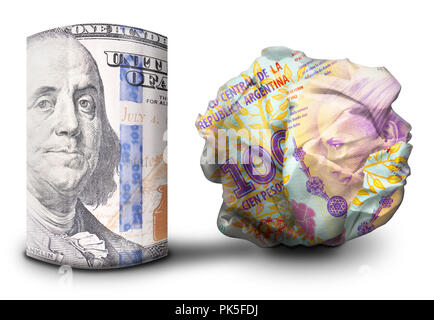 Zwei fiat money Bills nebeneinander stehen. Man flach und einem Zerbröselten Währung symbolisiert Stärke und Schwäche. Stockfoto