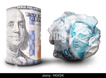 Zwei fiat money Bills nebeneinander stehen. Man flach und einem Zerbröselten Währung symbolisiert Stärke und Schwäche. Stockfoto