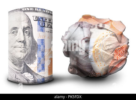 Zwei fiat money Bills nebeneinander stehen. Man flach und einem Zerbröselten Währung symbolisiert Stärke und Schwäche. Stockfoto