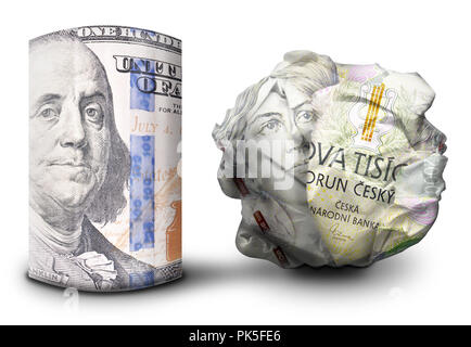 Zwei fiat money Bills nebeneinander stehen. Man flach und einem Zerbröselten Währung symbolisiert Stärke und Schwäche. Stockfoto