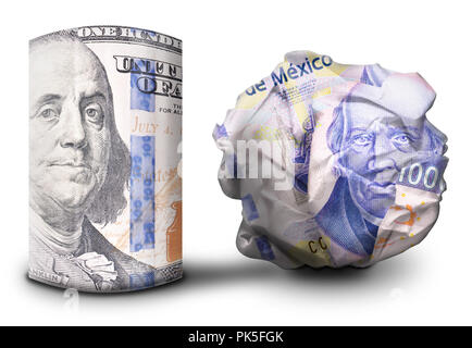 Zwei fiat money Bills nebeneinander stehen. Man flach und einem Zerbröselten Währung symbolisiert Stärke und Schwäche. Stockfoto