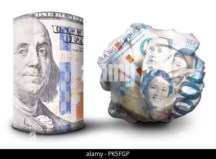 Zwei fiat money Bills nebeneinander stehen. Man flach und einem Zerbröselten Währung symbolisiert Stärke und Schwäche. Stockfoto