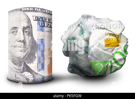 Zwei fiat money Bills nebeneinander stehen. Man flach und einem Zerbröselten Währung symbolisiert Stärke und Schwäche. Stockfoto