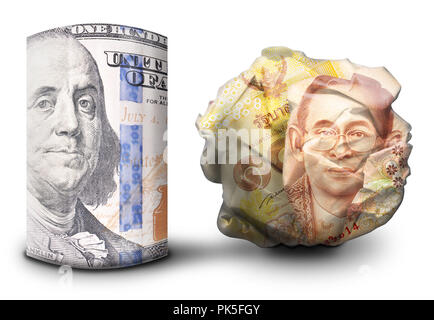 Zwei fiat money Bills nebeneinander stehen. Man flach und einem Zerbröselten Währung symbolisiert Stärke und Schwäche. Stockfoto