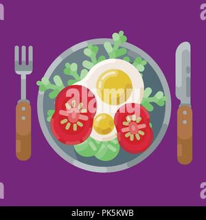 Ein herzhaftes Frühstück mit Spiegelei und frischem Gemüse. Vector Illustration. Das Essen auf dem Teller ist eine Ansicht von oben. Frühstück serviert. Stock Vektor