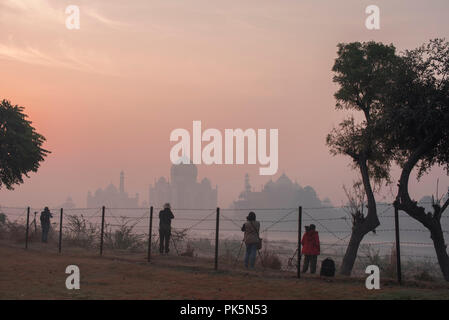 Taj Mahal die Wunder der Welt und der Stolz von Indien im Winter morgens warmes Licht und Dunst und mit Fotografen in einem Garten mit seinem Bild Stockfoto