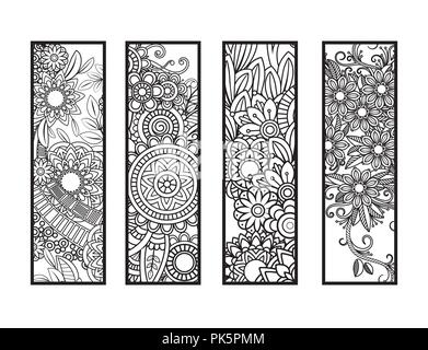 Satz von vier Lesezeichen in Schwarz und Weiß. Doodles Blumen und Ornamente für Erwachsene Malbuch. Vector Illustration. Stock Vektor