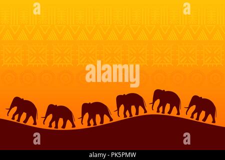 Afrikanische Landschaft mit Elefanten Silhouette. Wildlife Hintergrund. Vector Illustration Stock Vektor