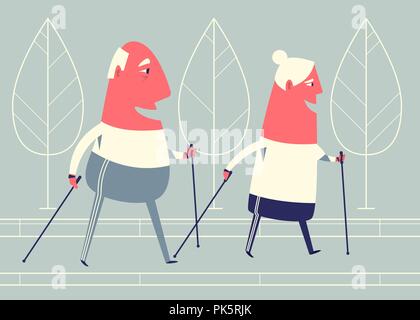 Happy cartoon senior Paar in Nordic Walking. Stock Vektor