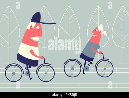 Happy cartoon senior Paar auf dem Fahrrad über den Park Road. Stock Vektor