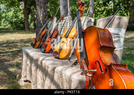 Musik und Natur Konzept. Saiteninstrumente, ein Cello und drei Violinen auf der zeremoniellen Stühle in der Natur. Close Up. Stockfoto