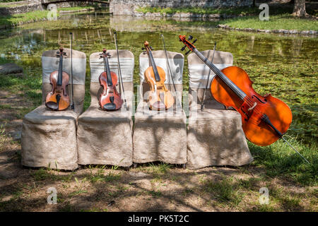 Musik und Natur Konzept. Saiteninstrumente, ein Cello und drei Violinen auf der zeremoniellen Stühle in der Natur. Close Up. Stockfoto