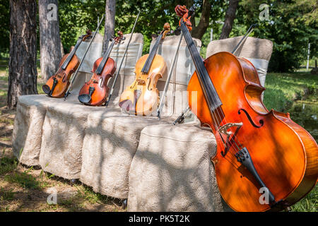 Musik und Natur Konzept. Saiteninstrumente, ein Cello und drei Violinen auf der zeremoniellen Stühle in der Natur. Close Up. Stockfoto