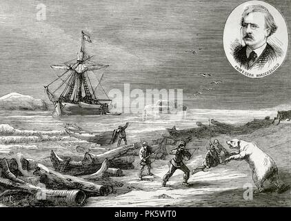 Expedición Sueca al Polo Artico. Tripulantes del 'bewährt' acometidos por un Oso polar Blanco. El profesor Otto Nordenskjold (1869-1928) al Mando de la Expedición. Grabado. La Ilustración Española y Americana, 8 de marzo de 1876. Biblioteca Histórico Militar de Barcelona, Cataluña, Spanien. Stockfoto