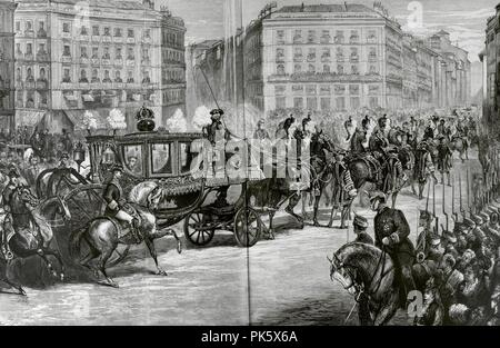 España. Restauración Borbónica. Reinado de Alfonso XII (1874-1885). Madrid. Paso de la Regia comitiva por la Puerta del Sol. Dibujo por Comba. Grabado. Suplemento del Marco del 22 de Febrero de 1876. La Ilustración Española y Americana. Biblioteca Histórico Militar de Barcelona, Cataluña, Spanien. Stockfoto