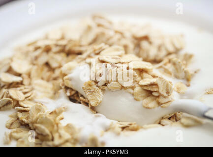 Nahaufnahme von frischen Joghurt mit Haferflocken, ein gesundes Frühstück Stockfoto