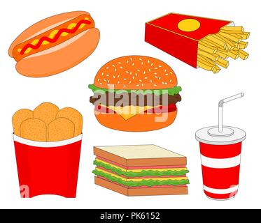 Lecker fast food Menü Icon Set isoliert, Illustration Cartoon Stock Vektor