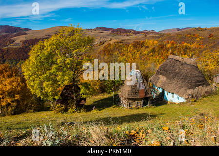 Abgebrochene Holzhaus mit Strohdach in den Bergen. Bunte Herbst Wald Stockfoto