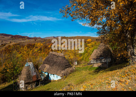 Abgebrochene Holzhaus mit Strohdach in den Bergen. Bunte Herbst Wald Stockfoto