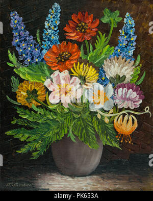 Stillleben mit Öl Farben - ein Strauß bunter Blumen in einer Vase Grau Stockfoto