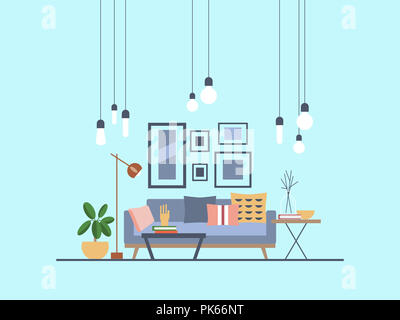 Modernes Wohnzimmer mit Sofa und Beleuchtung Stockfoto