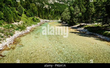 Idyllisch gelegenen Fluss in Lepena Tal, Soca - Bovec in Slowenien. Schöne lebendige Türkis strom stromschnellen des Flusses Lepenca. Wunderschöne Landschaft sc Stockfoto