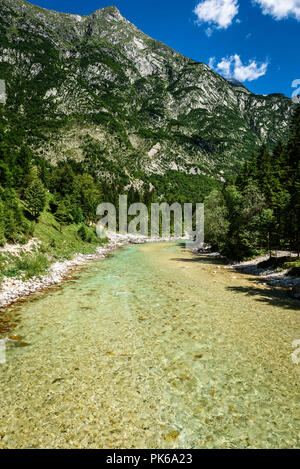 Idyllisch gelegenen Fluss in Lepena Tal, Soca - Bovec in Slowenien. Schöne lebendige Türkis strom stromschnellen des Flusses Lepenca. Wunderschöne Landschaft sc Stockfoto