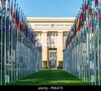 27. August 2018 - Genf, Schweiz. Das Büro der Vereinten Nationen in Genf ist die zweitgrößte der vier wichtigsten Bürostandorten der Vereinten Nationen. Stockfoto