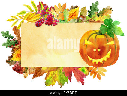 Beige Banner mit bunten Blätter im Herbst fallen und Kürbis Stockfoto
