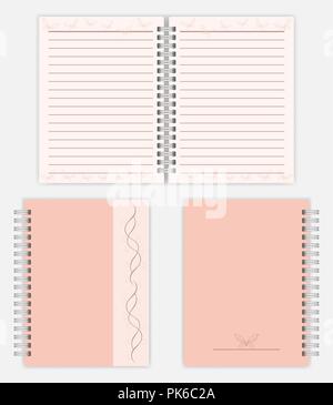 Frauen notebook Design: ausbreiten, Vorder- und Rückseite. Spiralbindung Damen notepad mockup. Silber metall Frühling Tagebuch mit gefütterter Seiten, Vektor Mock-up Stock Vektor