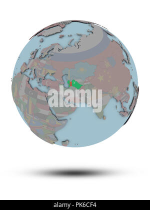 Turkmenistan mit National Flagge auf die politische Welt mit Schatten auf weißem Hintergrund. 3D-Darstellung. Stockfoto