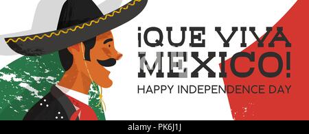 Mexiko Independence day Web Banner Abbildung der traditionellen Mariachi Charakter. Hand gezeichnet mexikanische Mann mit Sombrero und typische Kleidung nach Land Stock Vektor