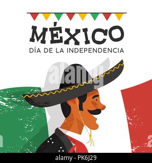 Mexiko Tag der Unabhängigkeit Abbildung der traditionellen Mariachi Charakter. Hand gezeichnet mexikanische Mann mit Sombrero und spanische Sprache text auf Land Flagge Stock Vektor