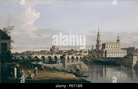 Bernardo Bellotto, il Canaletto - Dresden vom rechten Elbufer unterhalb der Augustusbrücke Stockfoto