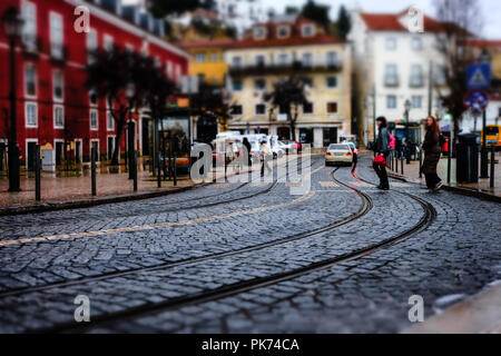 Miniatur Tilt Shift Objektiv Wirkung der alten europäischen Stadt Architektur. Lissabon, Portugal. Stockfoto