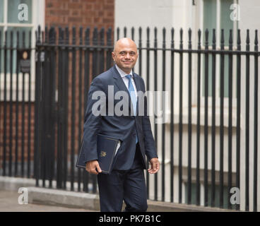 Downing Street, London, UK. 11. September 2018. Sajid Javid, Staatssekretärin des Home Abteilung Home Secretary, in Downing Street für die wöchentliche Kabinettssitzung. Credit: Malcolm Park/Alamy Leben Nachrichten. Stockfoto