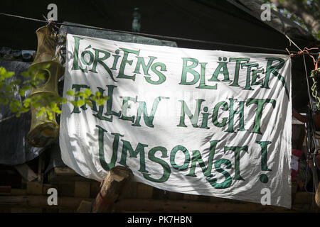 September 11, 2018 - Kerpen, Nordrhein-Westfalen, Deutschland - Das Hambacher Forst ist ein Wald in Nordrhein-Westfalen, die RWE will zum Löschen der Tagebau Hambach, der den Wald Grenzen zu erweitern. Umweltaktivisten haben den Wald mit Baum Häuser besetzt und zu verteidigen, die unter anderem mit Barrikaden gegen die Clearing-, Kredit: Jannis Grosse/ZUMA Draht/Alamy leben Nachrichten Stockfoto