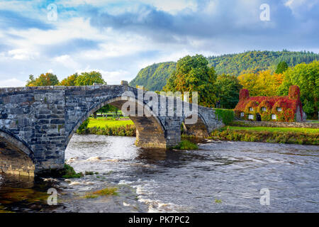 North Wales, 12. September 2018. UK Wetter: Nach einer Nacht, Regen, Sonnenschein zurück in Conwy Valley, North Wales. Herbst Farben der Virginia kriechende Efeu auf Tu Hwnt I'r Bont Teestuben zu stehen, als sie fangen an, rot für Herbst, Llanrwst, Wales zu drehen. © DGDImages/AlamyNews Stockfoto