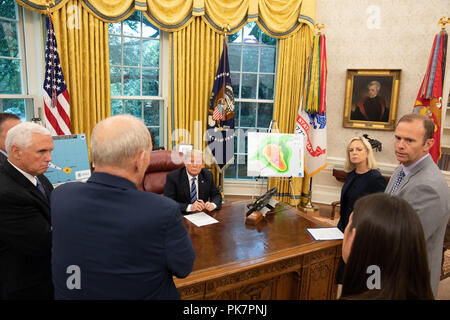 Präsident Donald J. Trumpf, durch Vice President Mike Pence und White House, ältere Mitarbeiter verbunden, erhält eine Unterrichtung nach dem Ansatz von Hurrikan Florenz an der Ostküste der USA Dienstag, Sept. 11, 2018, im Oval Office des Weißen Hauses. 11 Sep, 2018. (Offizielle Weiße Haus Foto von Joyce N. Boghosian) White House über globallookpress.com Credit: das Weiße Haus/russischen Look/ZUMA Draht/Alamy leben Nachrichten Stockfoto