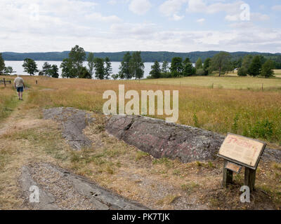 Högsbyn petroglyph Bereich in Dalsland Schweden hat über 2500 Figuren aus der Bronzezeit auf Felsen in idyllischer Natur finden Stockfoto
