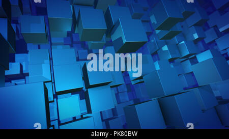 Ein arty 3d-Abbildung der funkelnden blauen Säulen des Fliegens und Drehen um Kunststoff Würfel. Sie sehen ein bisschen chaotisch und Form der Geist der Inn Stockfoto