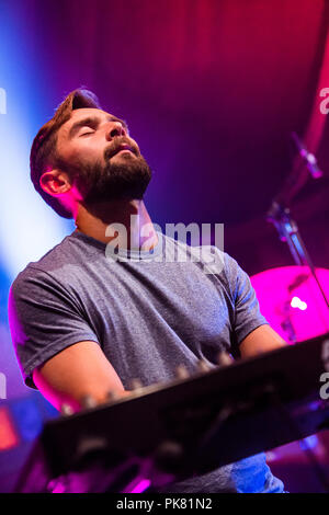 Norwegen, Bergen - Juni 13., 2018. Die Isländische pop band Kiriyama Familie führt ein Live Konzert in der norwegischen Musik Festival Bergenfest 2018 in Bergen. (Foto: Gonzales Foto - Jarle H. Moe). Stockfoto