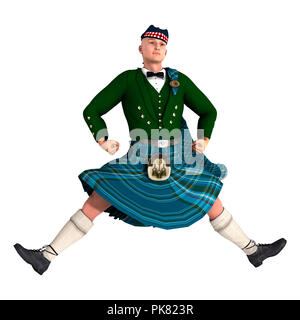 3D-Rendering für eine Highlander trägt einen schottischen Kilt tanzen auf weißem Hintergrund Stockfoto