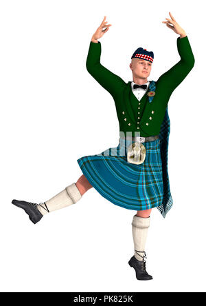 3D-Rendering für eine Highlander trägt einen schottischen Kilt tanzen auf weißem Hintergrund Stockfoto