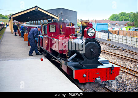 Die 15 Zoll Manometer Dampflok 'Mark Timothy' an Hoveton & Wroxham Station auf der Bure Valley Railway in Norfolk, Großbritannien Stockfoto