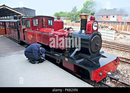 Die 15 Zoll Manometer Dampflok 'Mark Timothy' an Hoveton & Wroxham Station auf der Bure Valley Railway in Norfolk, Großbritannien Stockfoto